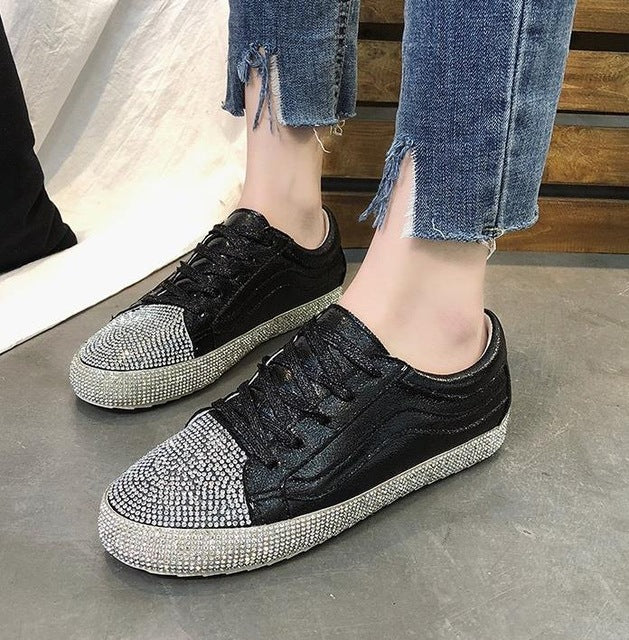 Baskets Femme Plates Dorées Argentées Strass Bling Chaussures Décontractées Luxe Coréen Creepers Superstar Chaussures Streetwear