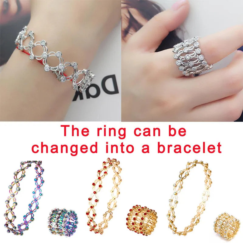 2 in 1 Neu Kreativer Magischer dehnbarer Ring Armreif für Damen Charm Glänzender Kristall ausziehbarer Armreif Ringe Schmuck Geschenk