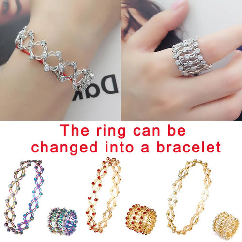 2 in 1 Neu Kreativer Magischer dehnbarer Ring Armreif für Damen Charm Glänzender Kristall ausziehbarer Armreif Ringe Schmuck Geschenk
