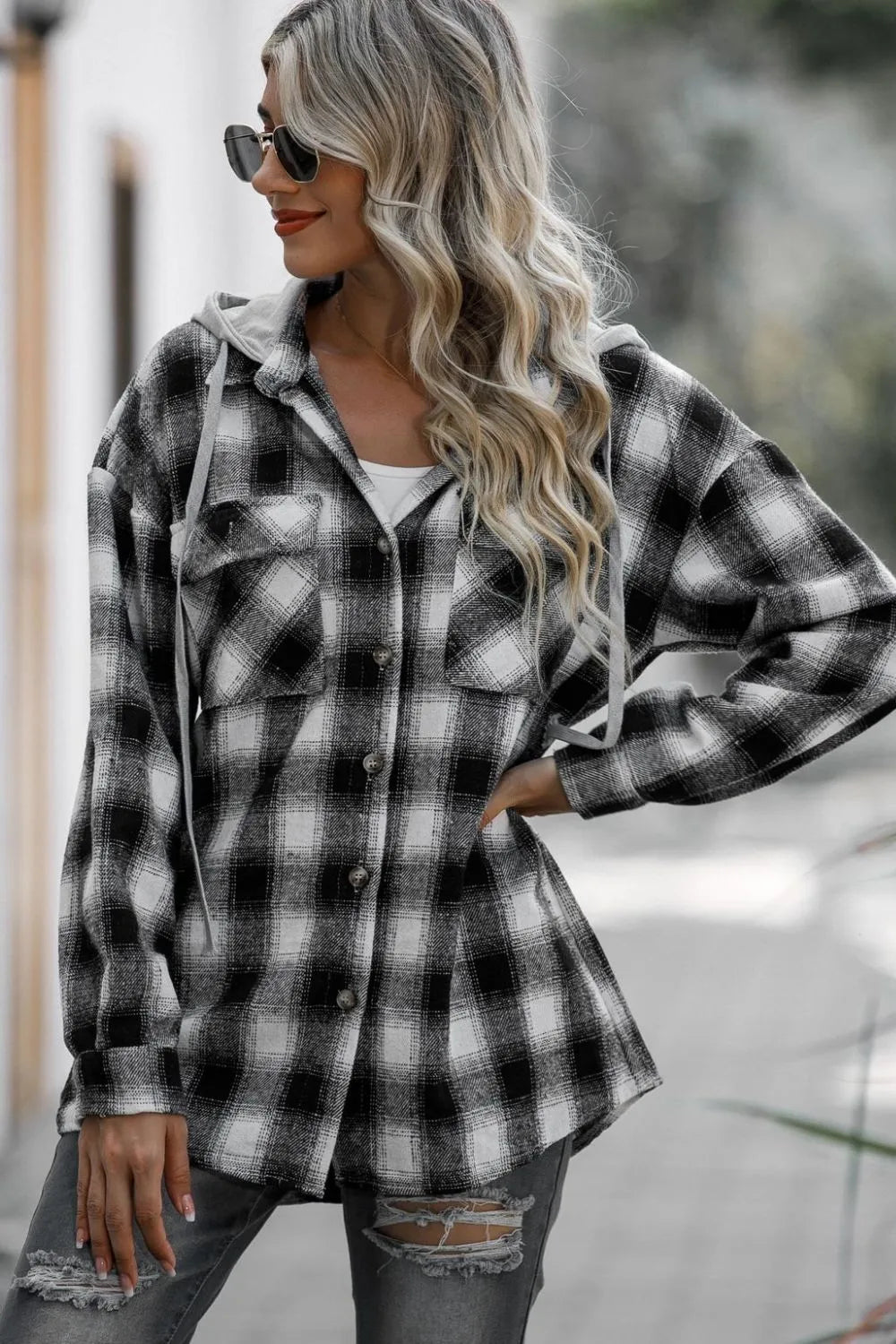 Double Take Plaid-Langarm-Kapuzenshacket mit Tunnelzug