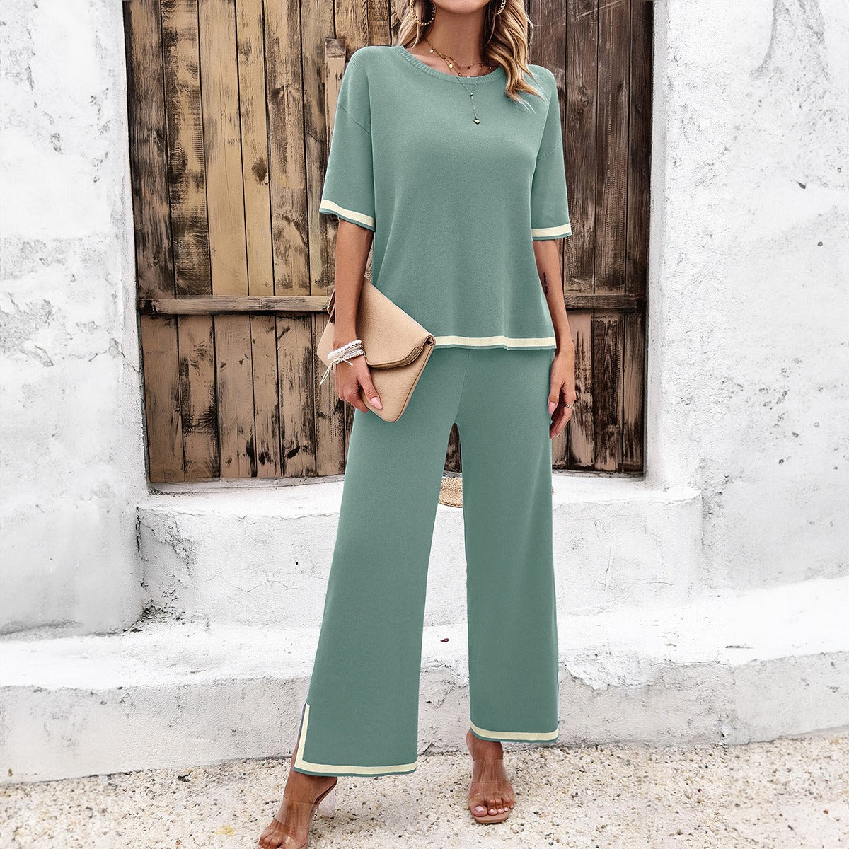 Mode Damen Frühling und Sommer Temperament lässiger kurzärmeliger Strickanzug