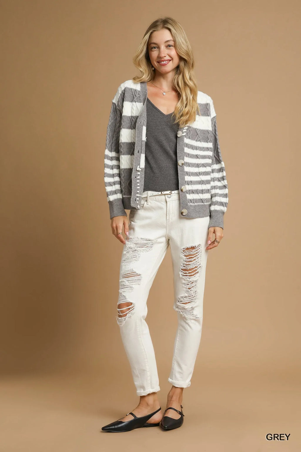 Cardigan boutonnage avant à rayures et torsades Umgee