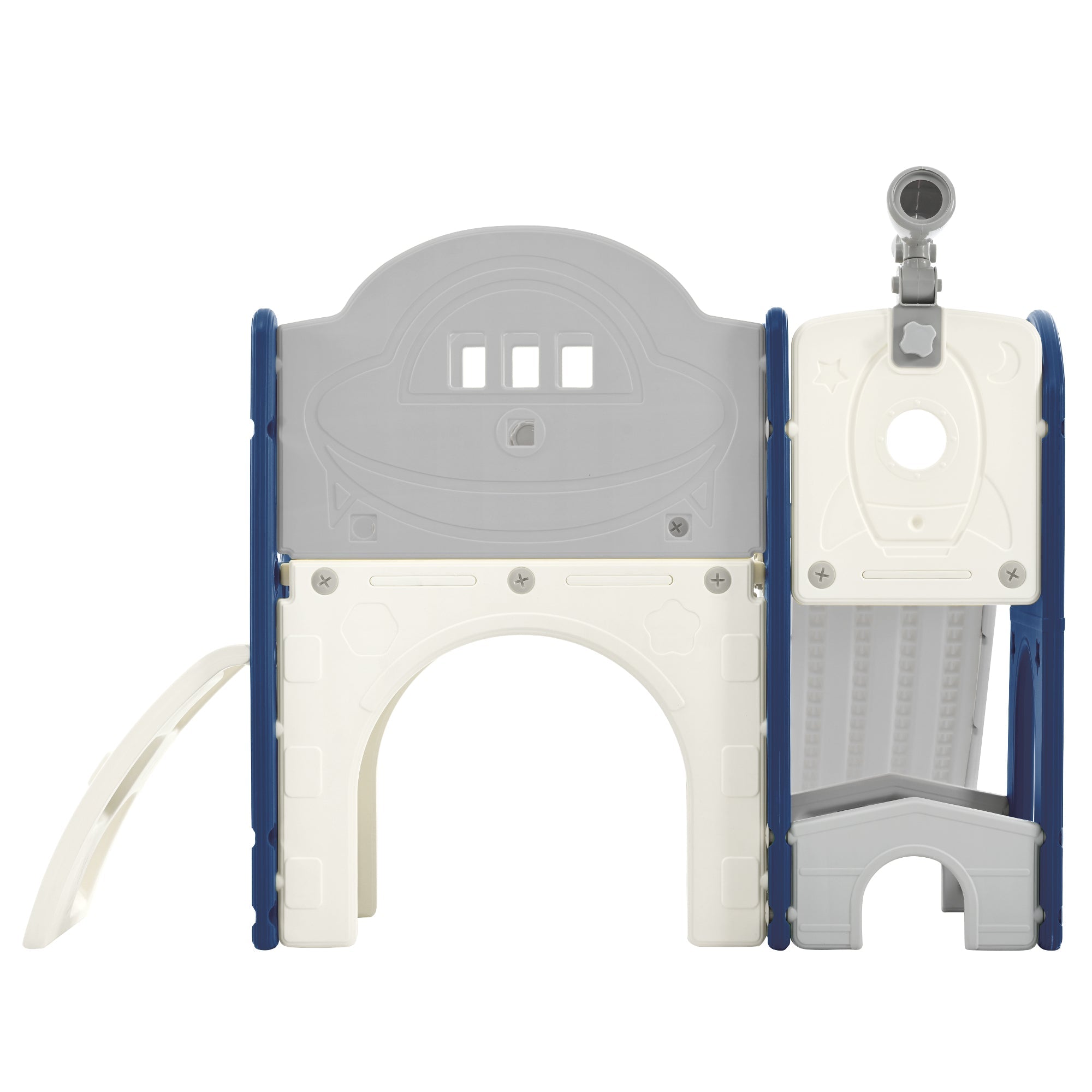 Kinderrutsche Spielplatzstruktur 7-in-1, freistehendes Raumschiff-Set mit Rutsche, Bogentunnel Blau+Grau + HDPE