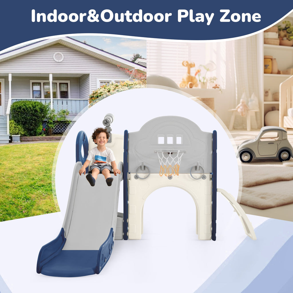Kinderrutsche Spielplatzstruktur 7-in-1, freistehendes Raumschiff-Set mit Rutsche, Bogentunnel Blau+Grau + HDPE