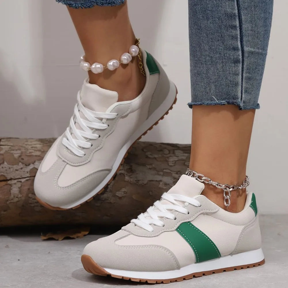 PU-Leder Kontrastfarbene Zehenkappen Runde Zehenpartie Flats Sneakers