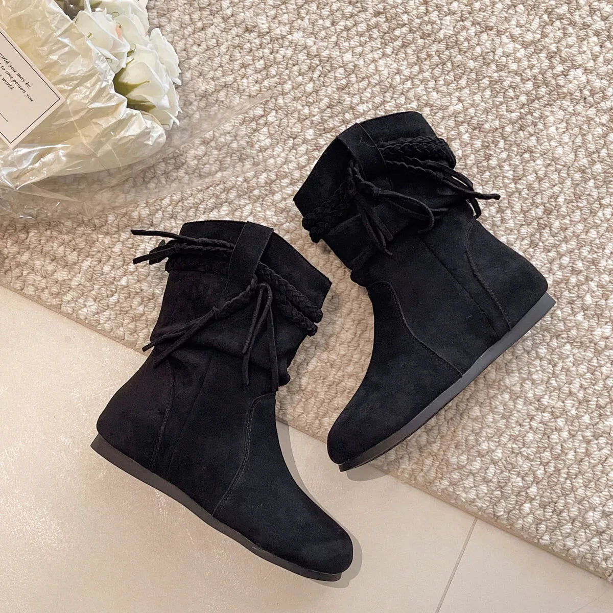 Bottes à bout rond en suède à franges