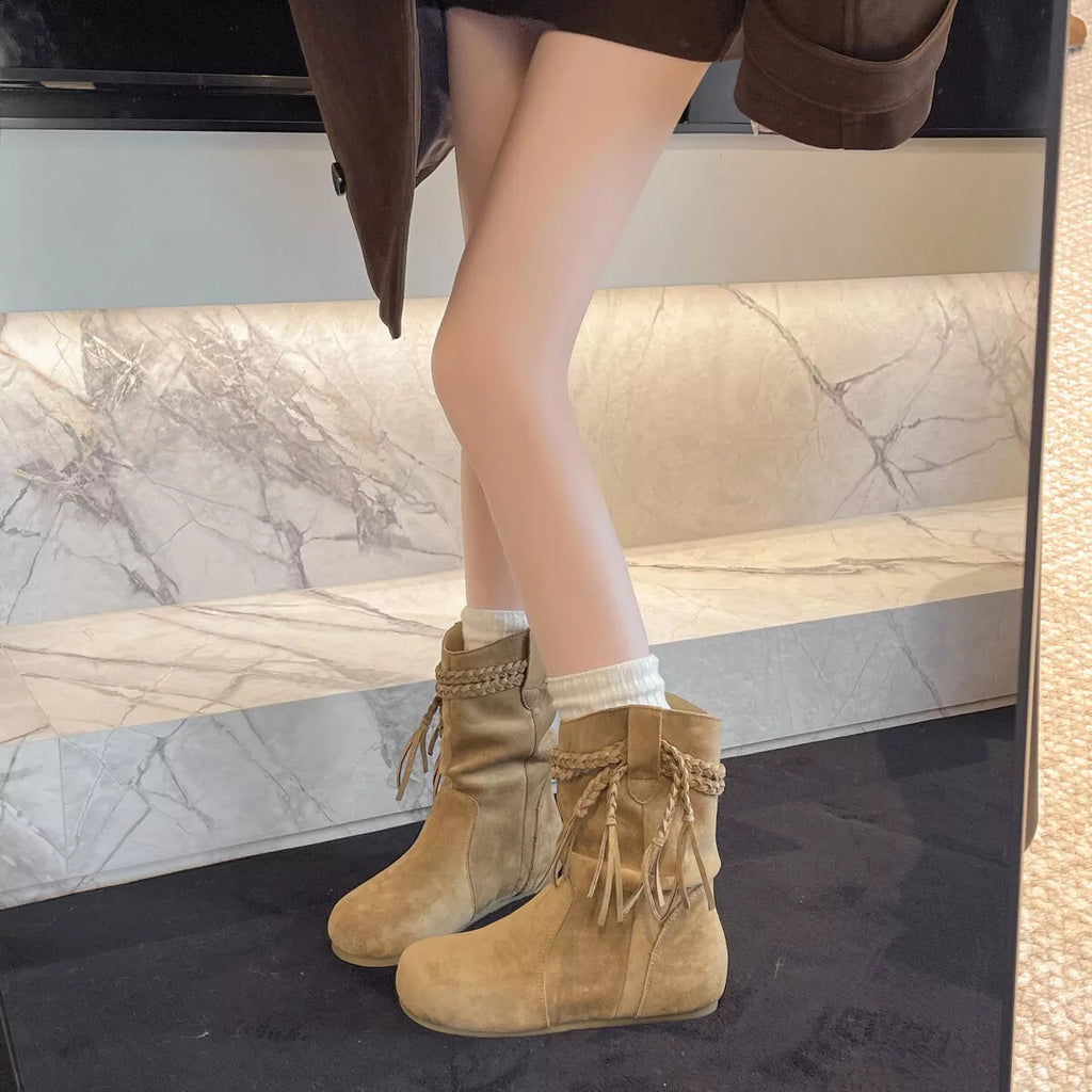 Bottes à bout rond en suède à franges