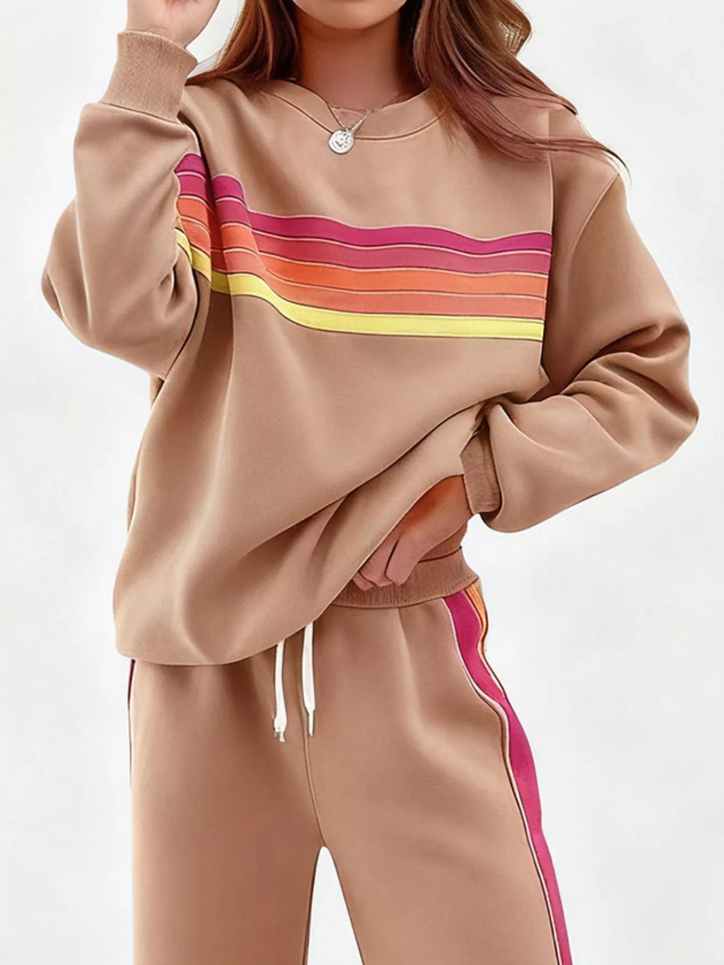Gestreiftes Rundhals-Sweatshirt und Hose Set