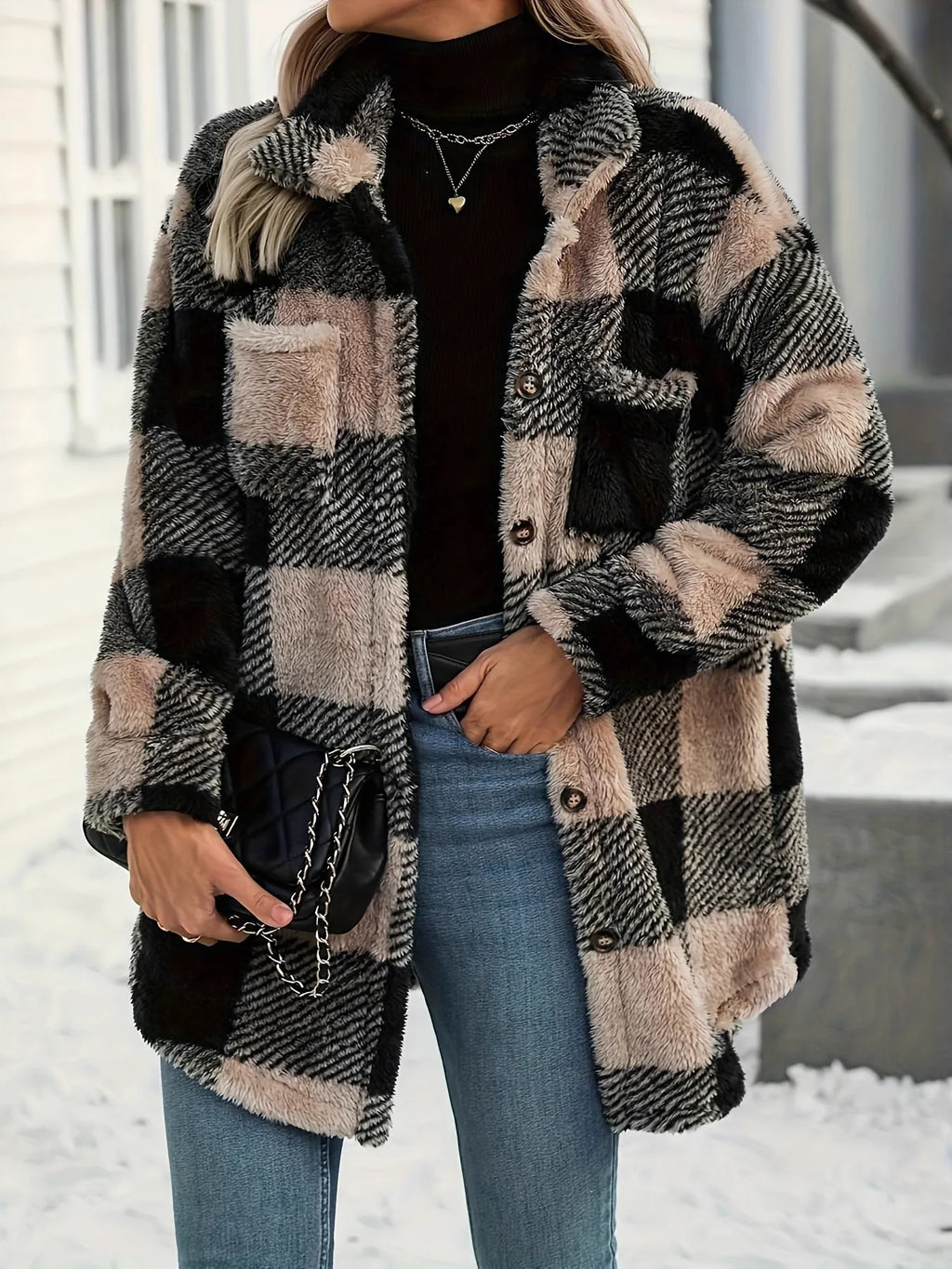 Manteau Teddy à Carreaux Col Chemise Boutonné avec Poches