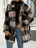 Manteau Teddy à Carreaux Col Chemise Boutonné avec Poches