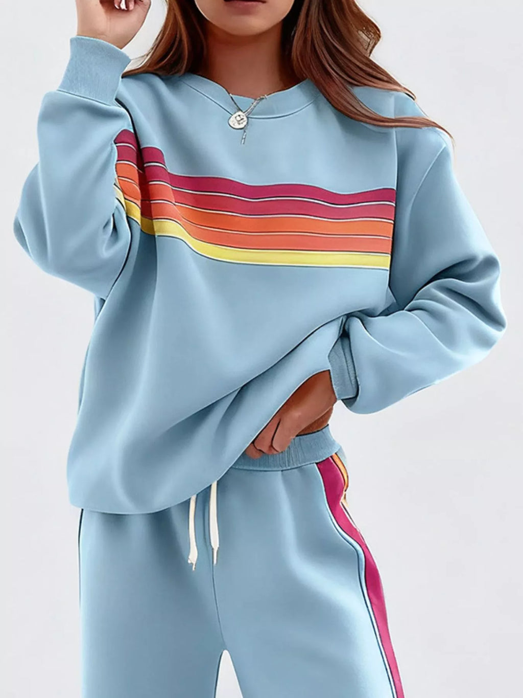 Gestreiftes Rundhals-Sweatshirt und Hose Set