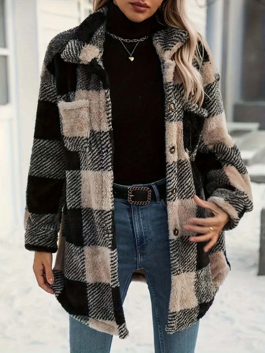 Manteau Teddy à Carreaux Col Chemise Boutonné avec Poches