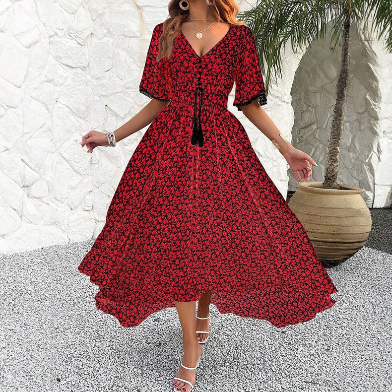 Frühling/Sommer Damen V-Ausschnitt Hohe Taille Elegantes Bedrucktes Kleid