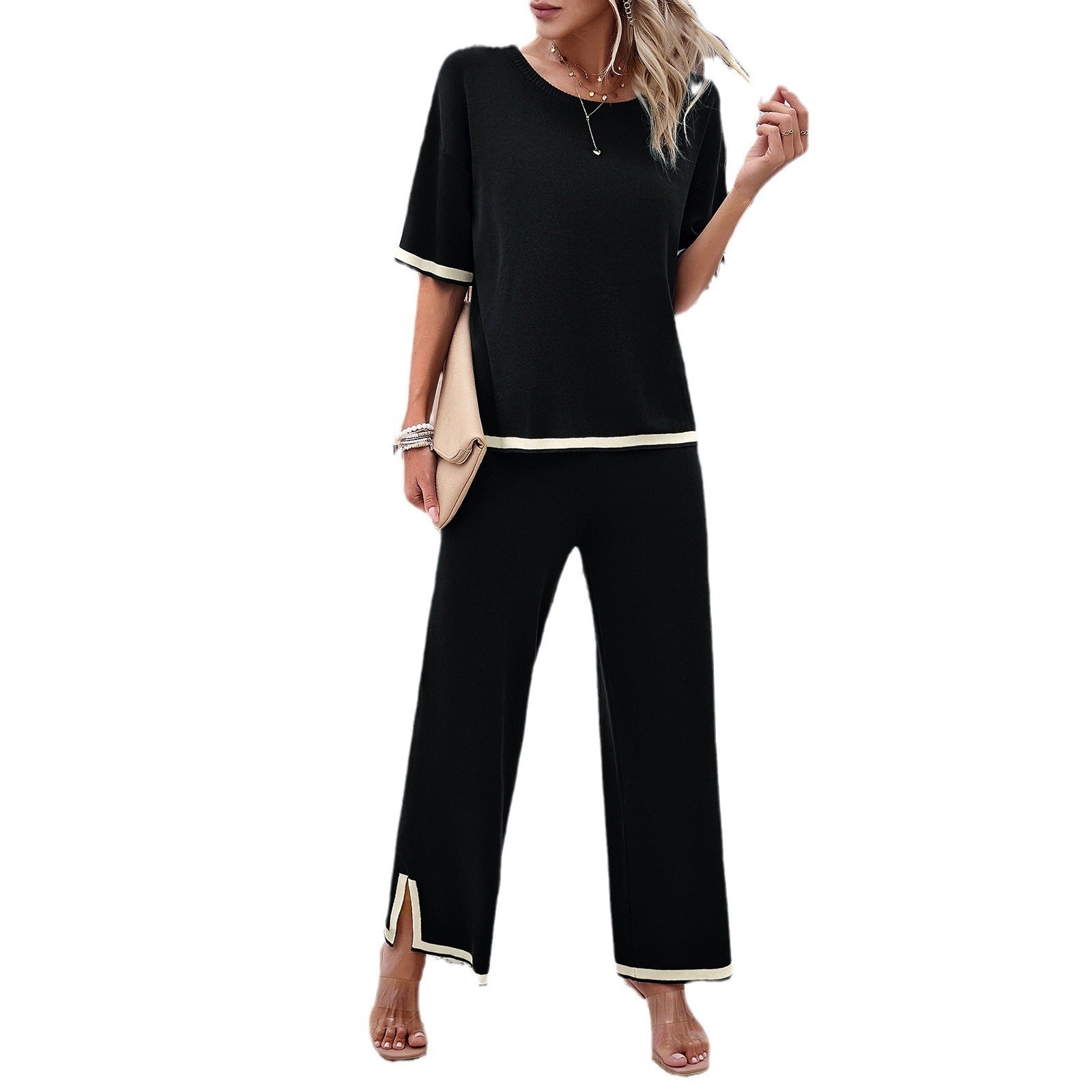 Mode Damen Frühling und Sommer Temperament lässiger kurzärmeliger Strickanzug