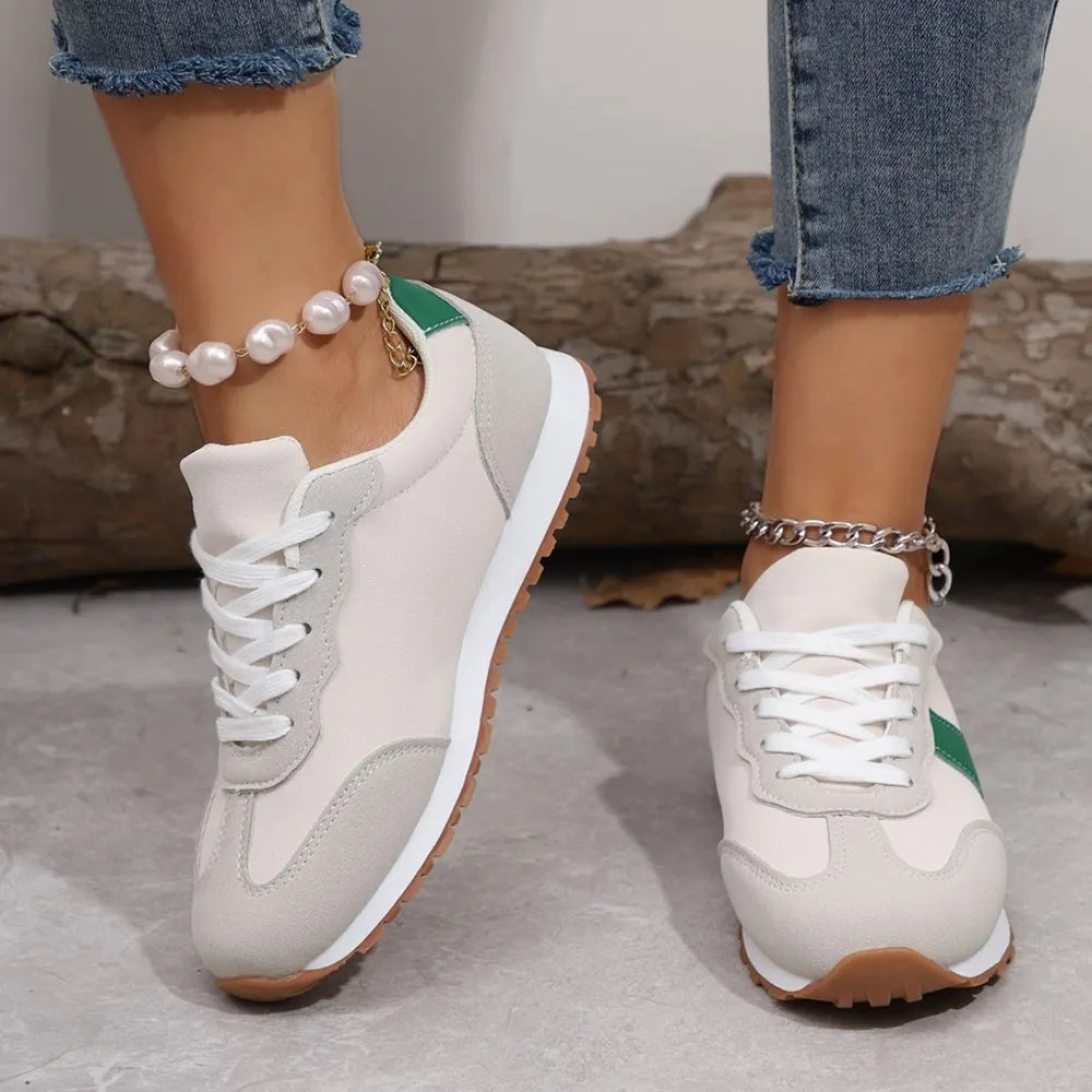PU-Leder Kontrastfarbene Zehenkappen Runde Zehenpartie Flats Sneakers