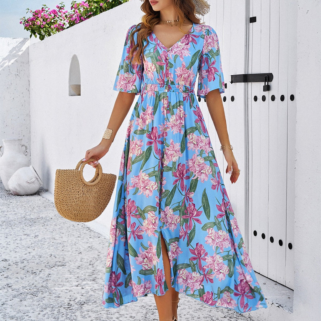 Damen Frühling/Sommer Urlaub Lässig Bedrucktes Schlitzkleid