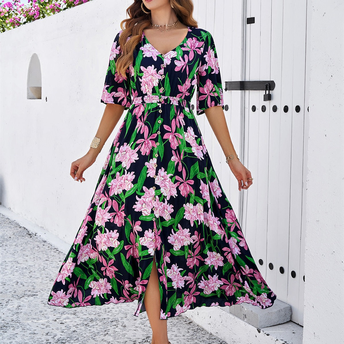 Damen Frühling/Sommer Urlaub Lässig Bedrucktes Schlitzkleid