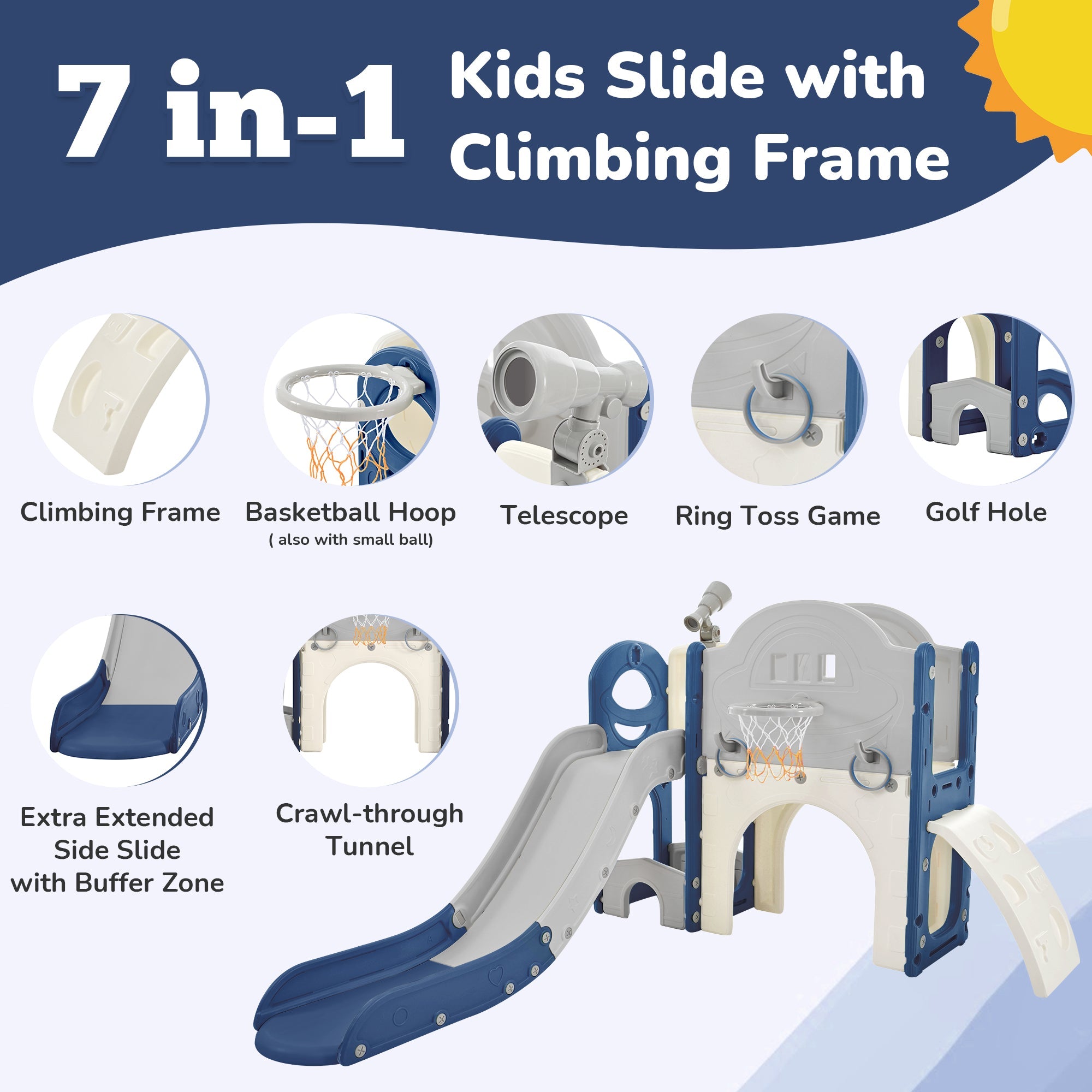 Kinderrutsche Spielplatzstruktur 7-in-1, freistehendes Raumschiff-Set mit Rutsche, Bogentunnel Blau+Grau + HDPE
