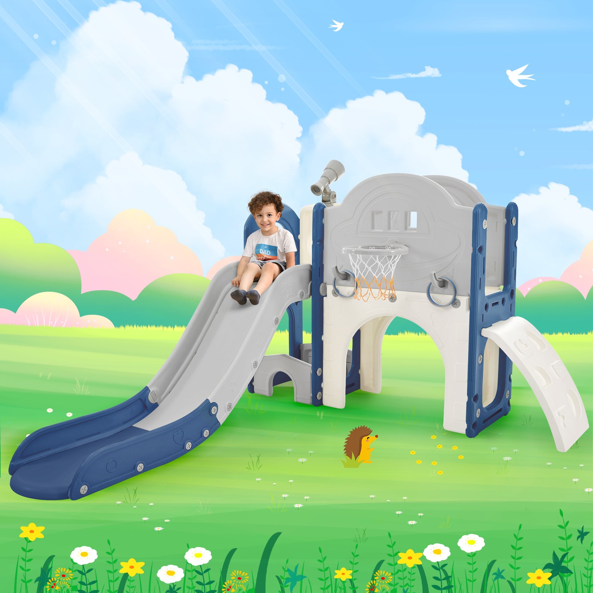 Kinderrutsche Spielplatzstruktur 7-in-1, freistehendes Raumschiff-Set mit Rutsche, Bogentunnel Blau+Grau + HDPE