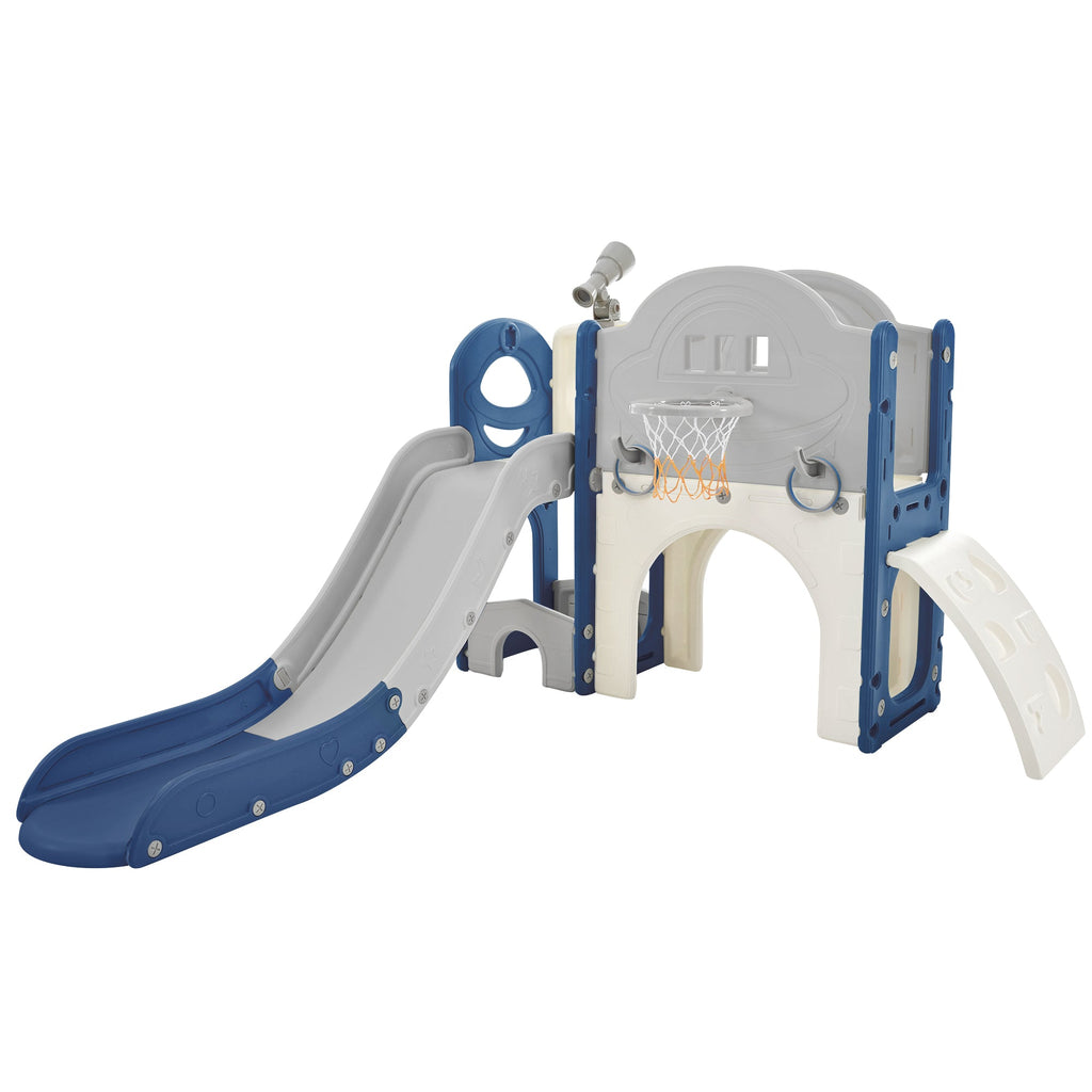 Kinderrutsche Spielplatzstruktur 7-in-1, freistehendes Raumschiff-Set mit Rutsche, Bogentunnel Blau+Grau + HDPE