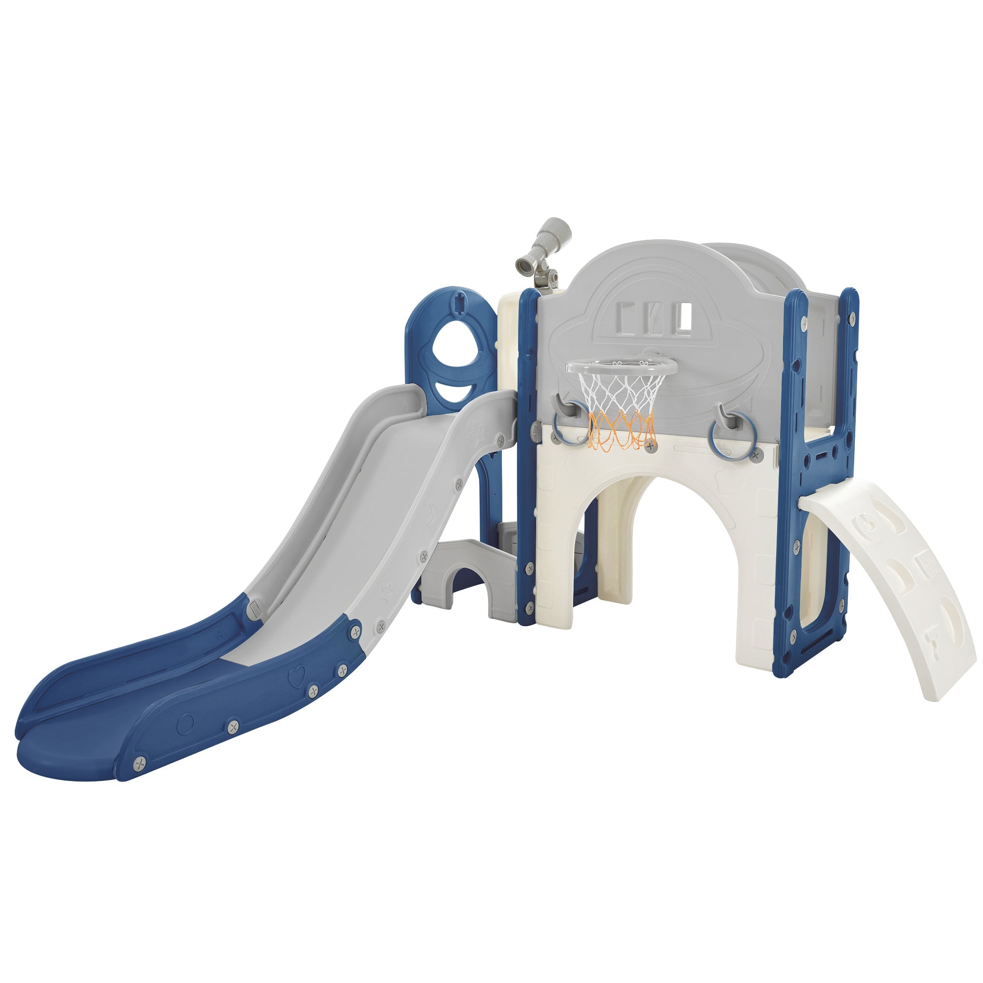 Kinderrutsche Spielplatzstruktur 7-in-1, freistehendes Raumschiff-Set mit Rutsche, Bogentunnel Blau+Grau + HDPE