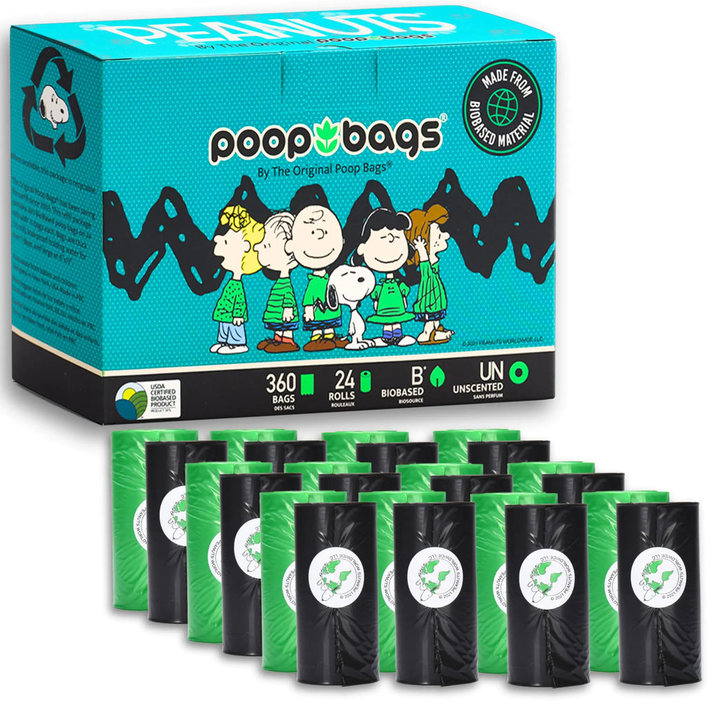 Sacs à crottes pour chiens The Original Poop Bags, personnages de Peanuts, 360 unités, rouleaux de sacs à crottes pour chiens 38% d'origine végétale et 62% PE, sacs à déjections canines, sacs à crottes pour chiens, sacs pour animaux de compagnie