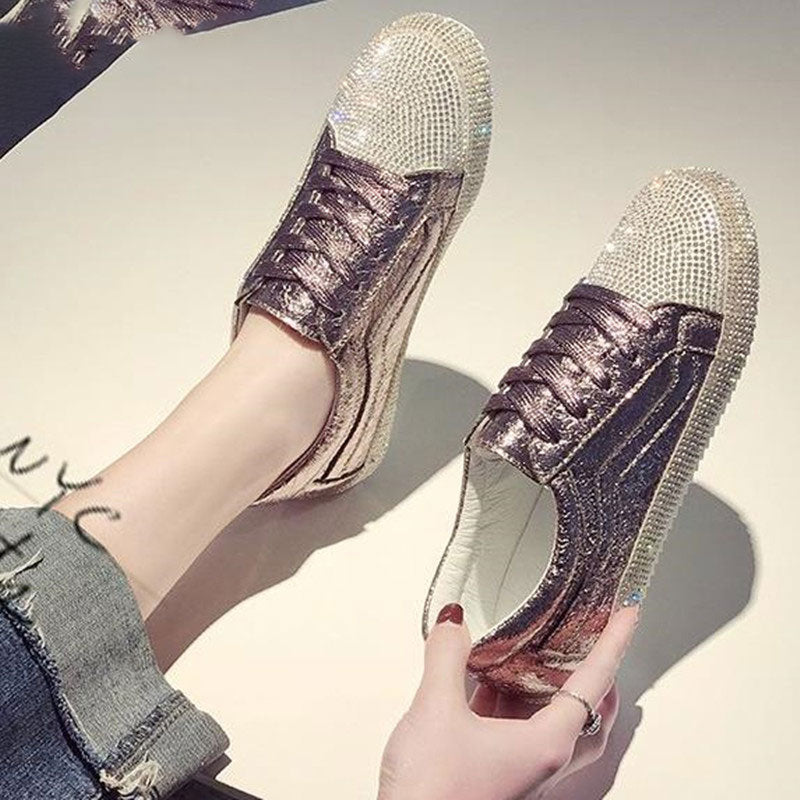 Baskets Femme Plates Dorées Argentées Strass Bling Chaussures Décontractées Luxe Coréen Creepers Superstar Chaussures Streetwear