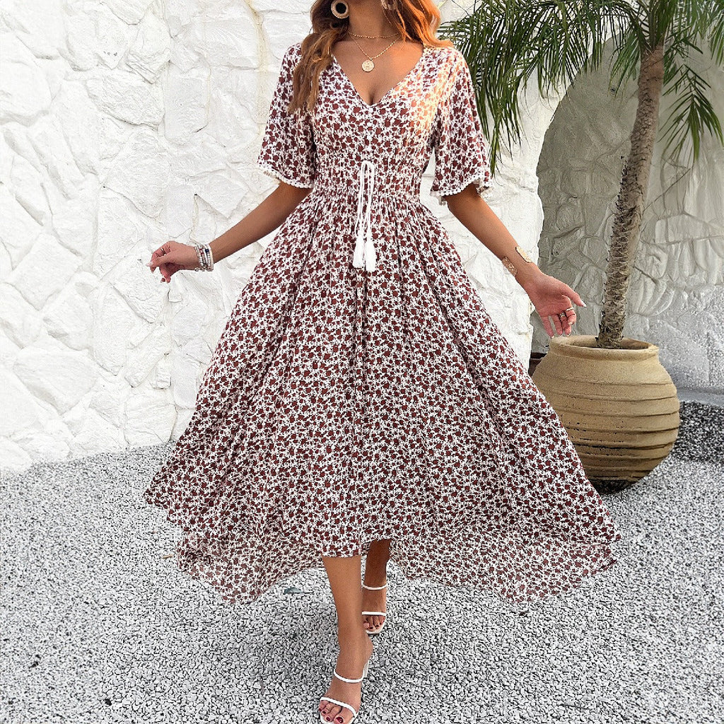 Frühling/Sommer Damen V-Ausschnitt Hohe Taille Elegantes Bedrucktes Kleid