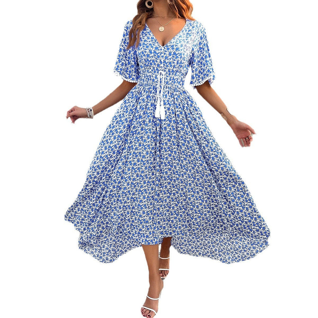 Frühling/Sommer Damen V-Ausschnitt Hohe Taille Elegantes Bedrucktes Kleid