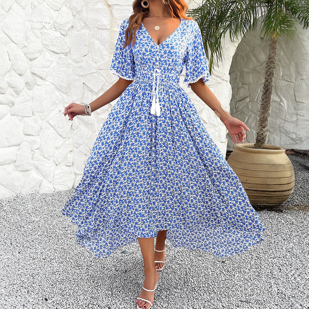 Frühling/Sommer Damen V-Ausschnitt Hohe Taille Elegantes Bedrucktes Kleid