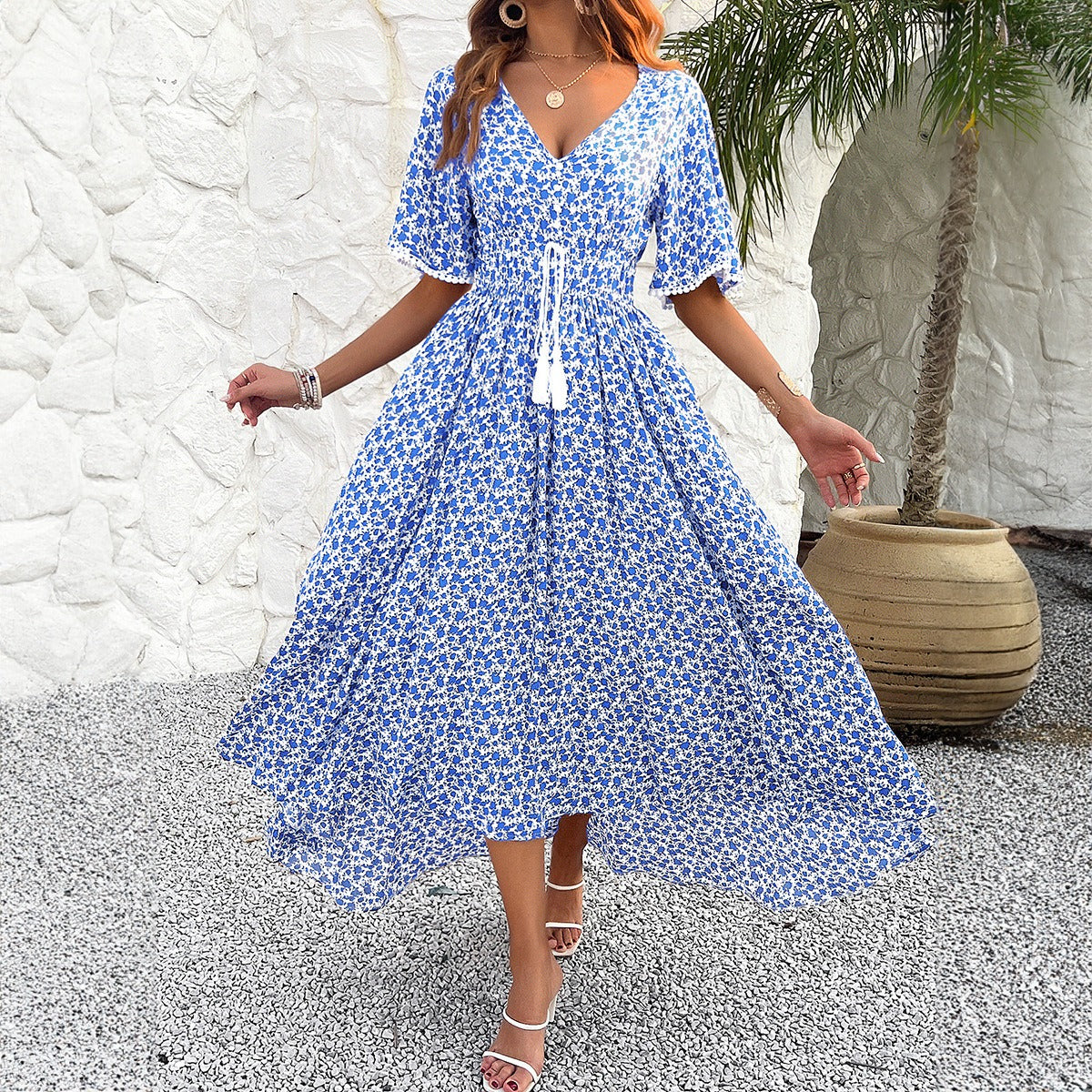 Frühling/Sommer Damen V-Ausschnitt Hohe Taille Elegantes Bedrucktes Kleid