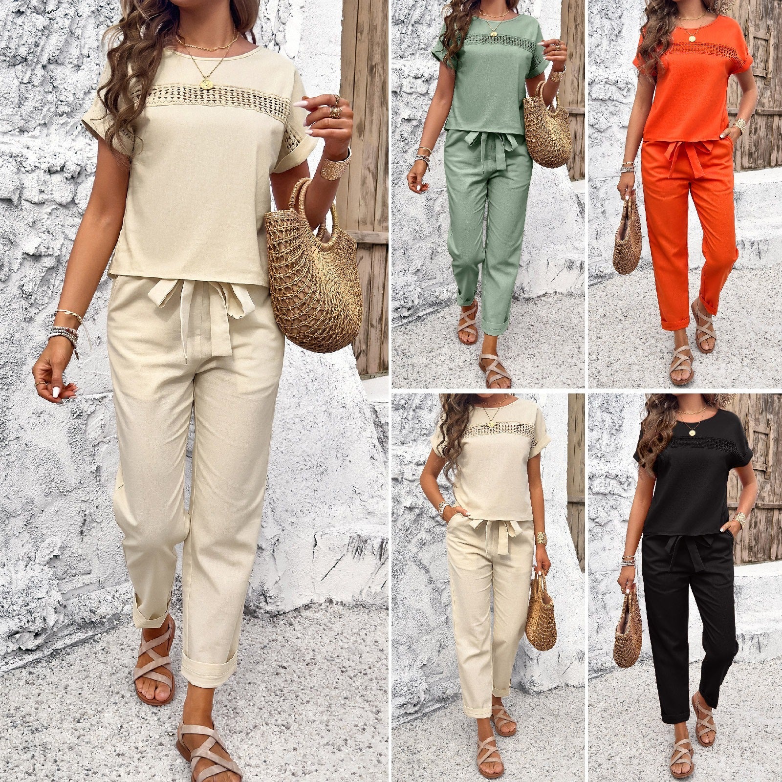 Ensemble pantalon et haut décontracté à manches courtes pour femme, collection printemps-été