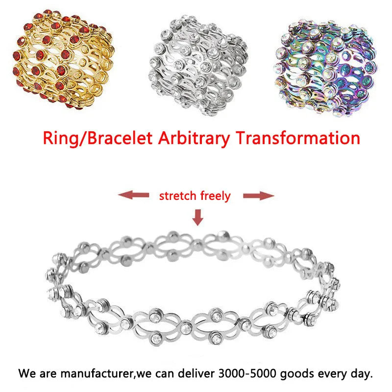 2 in 1 Neu Kreativer Magischer dehnbarer Ring Armreif für Damen Charm Glänzender Kristall ausziehbarer Armreif Ringe Schmuck Geschenk