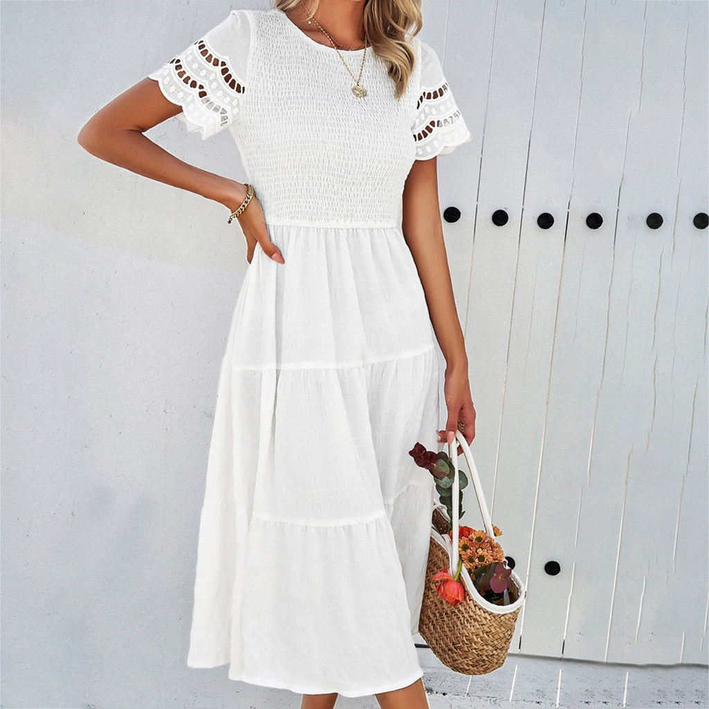 Robe plissée évidée unie, tempérament printemps-été
