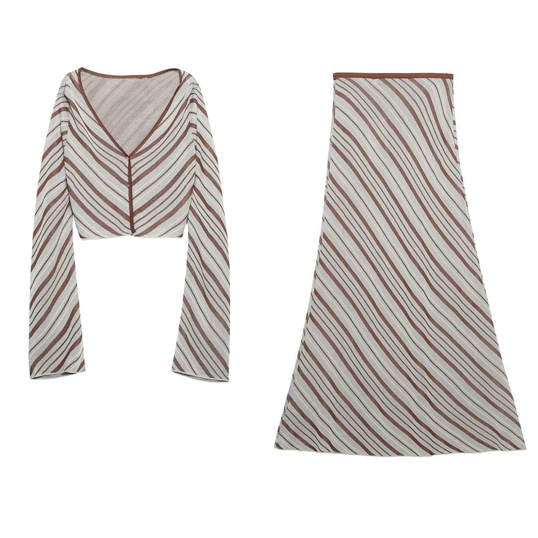 Frühling/Sommer Damen gestreiftes Strickoberteil High Waist Rock Anzug