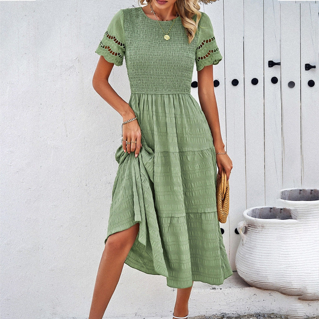 Robe plissée évidée unie, tempérament printemps-été