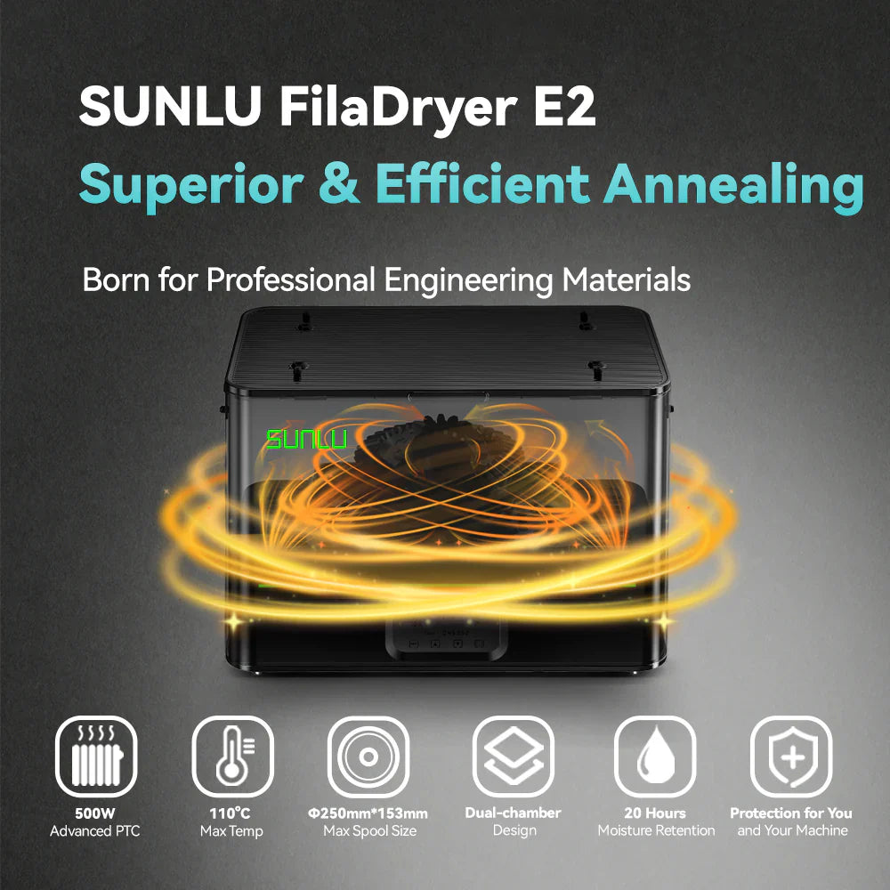 SUNLU FilaDryer E2, professionelles Trocknen und Tempern, bis zu 110℃/230°F, gemacht für technische 3D-Druck-Filamente