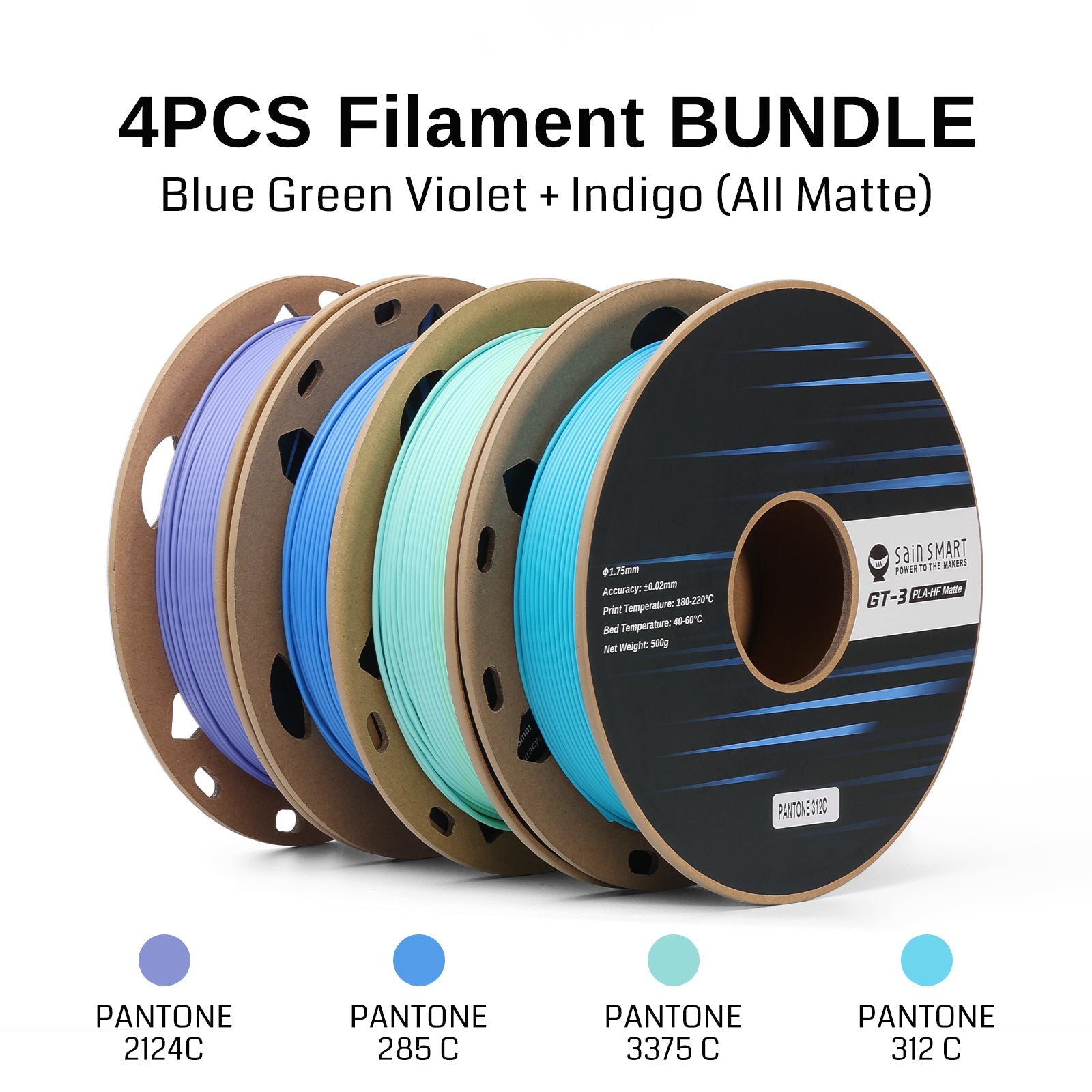 GT-3 Hochgeschwindigkeits-Vierfarb-Bündel Mattes PLA Filament, 1,75 mm 500 g x 4 Spulen, 4,4 lbs (2 kg) Blau, Grün, Violett, Indigo