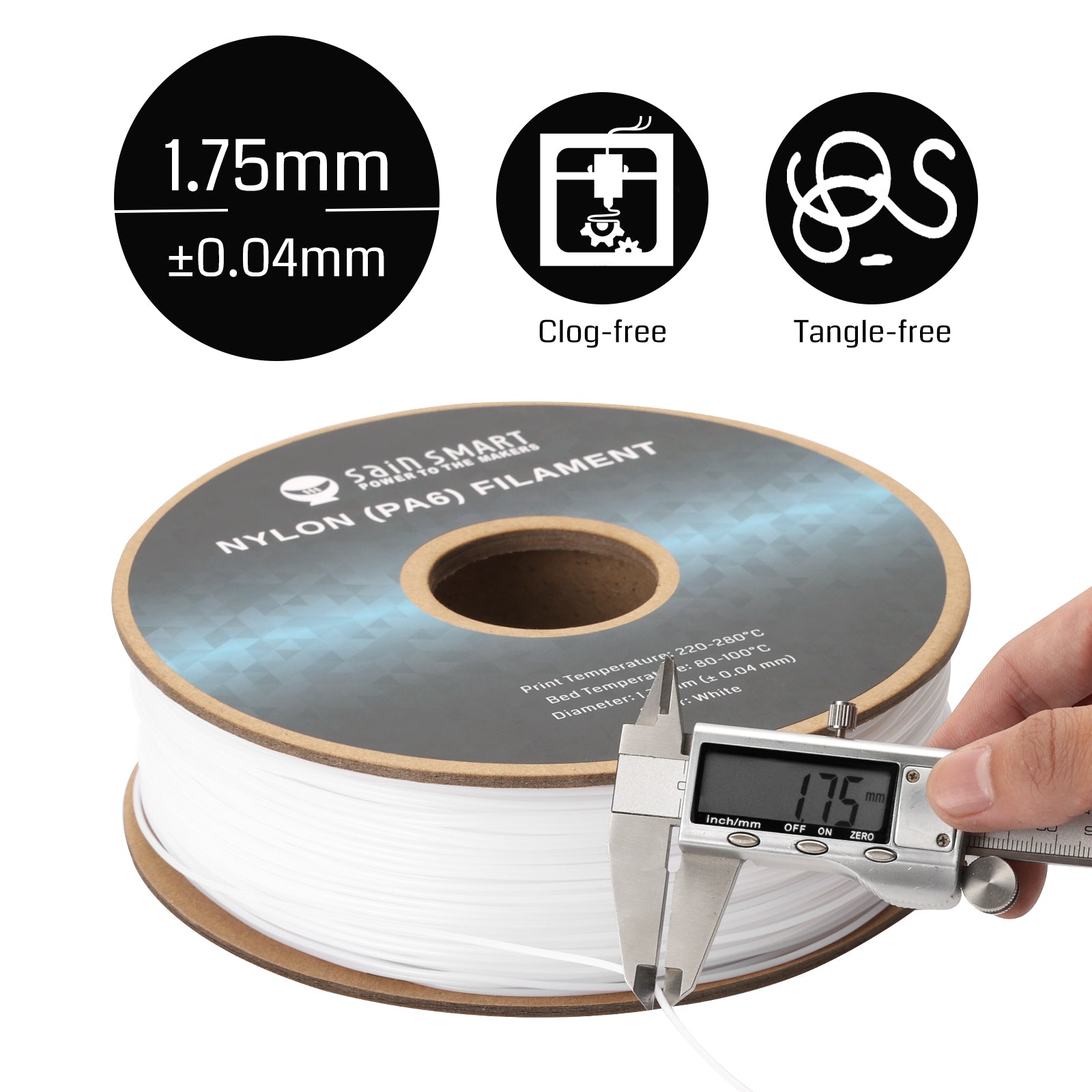 PA6 Nylon Filament 1.75 mm, 1 kg, Genauigkeit +/- 0,04 mm