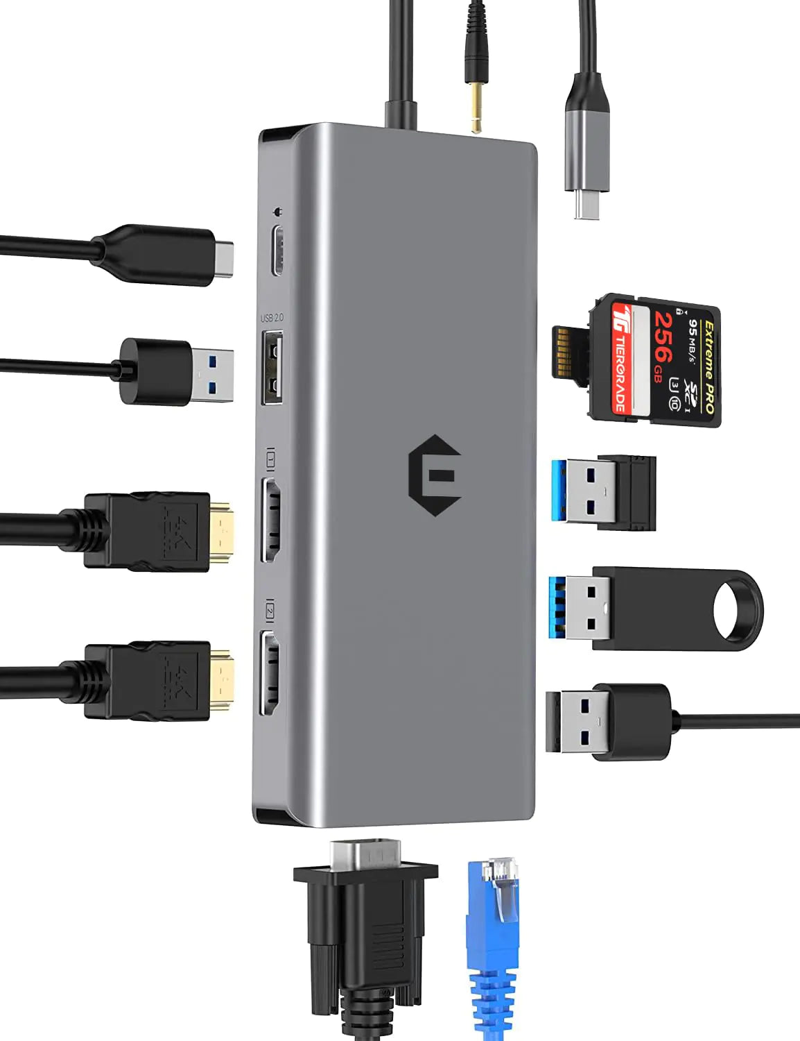 12-in-1 USB C Dockingstation Tymyp USB C Hub 2 * 4K HDMI Ausgänge VGA Anschluss 3 x USB A Anschlüsse SD/TF Kartensteckplätze 100W PD Ethernet 3.5mm Audio/Mikrofon Kompatibel mit Mac Pro/Air/Windows und Mehr