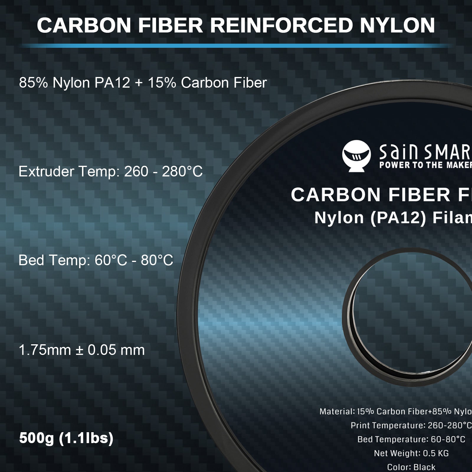 ePA12-CF 1,75 mm Kohlefaser Nylon Filament, 0,5 kg, Genauigkeit +/- 0,05 mm, Schwarz