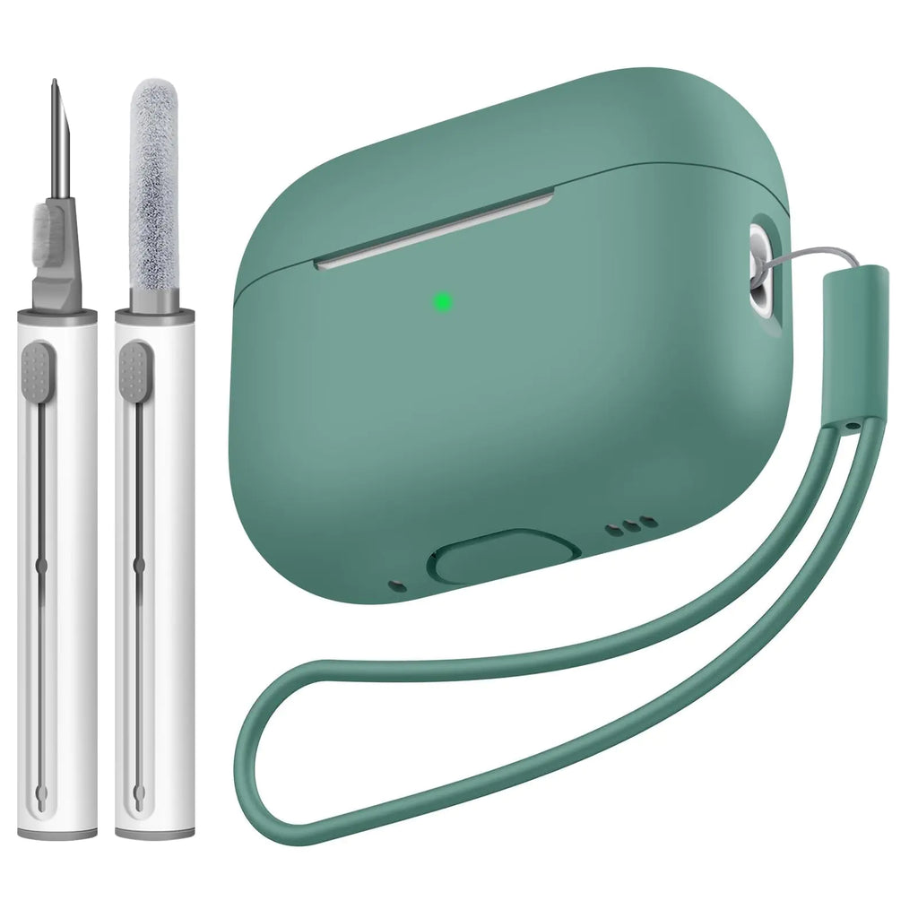 Compatible avec les étuis Airpods Pro 2, coque en silicone souple, étuis de protection avec kit de nettoyage et cordon, compatible avec les AirPod Pro 2e génération, LED avant visible - Vert pin