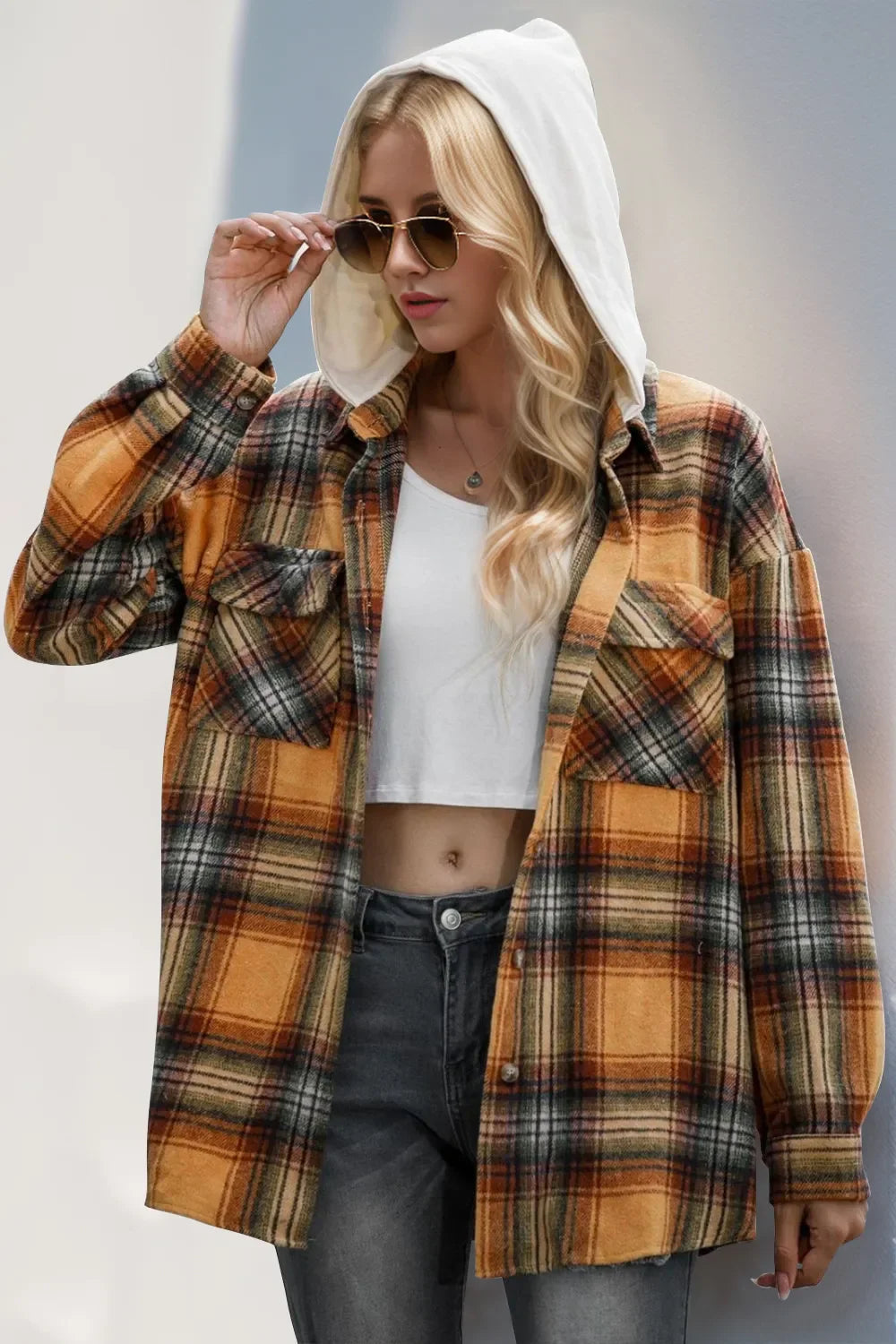 Double Take Plaid-Langarm-Kapuzenshacket mit Tunnelzug