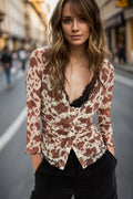Oh Oberteil mit tiefem Ausschnitt, durchgehender Knopfleiste und Animal-Print