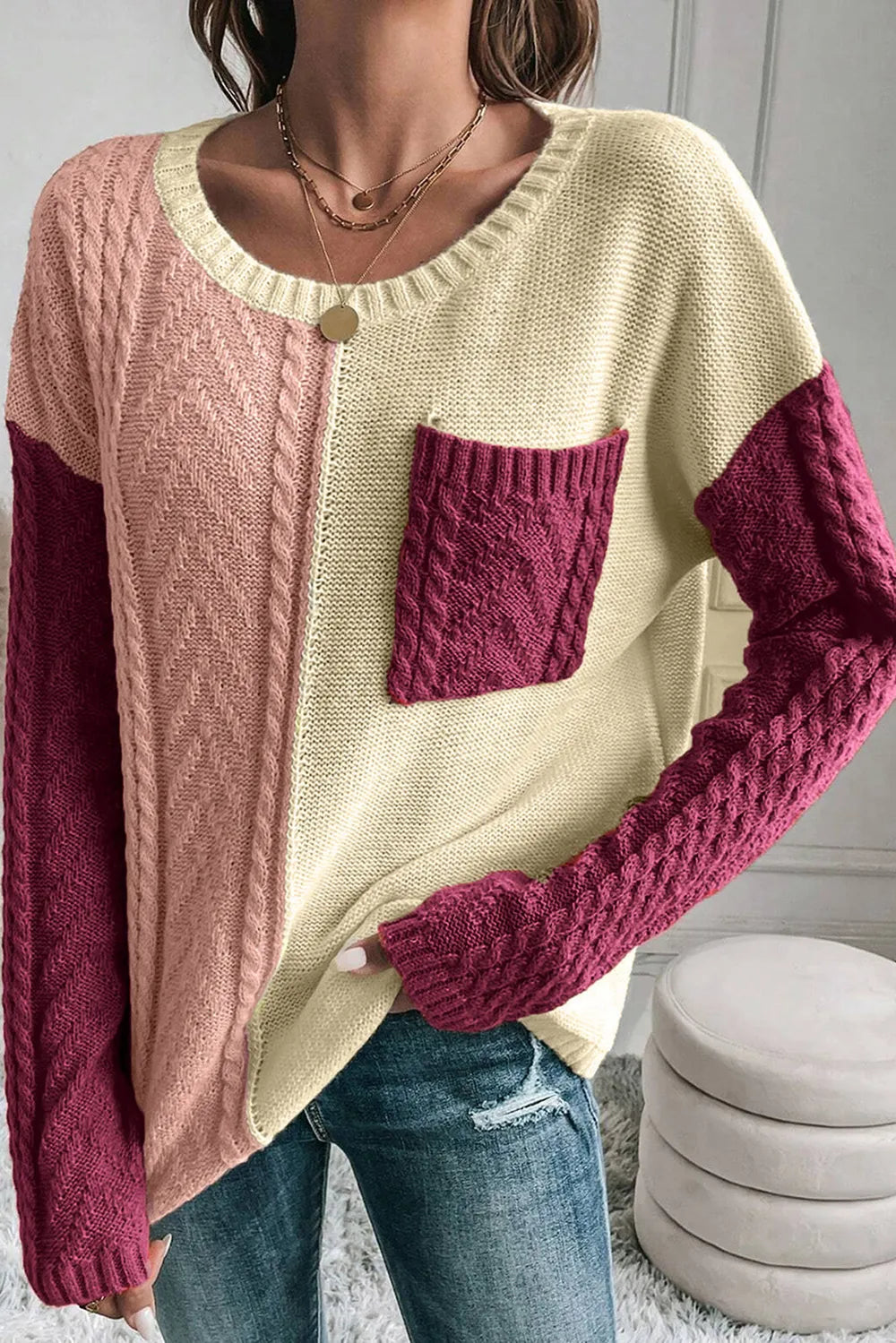Double Take Colorblock-Pullover mit überschnittenen Schultern