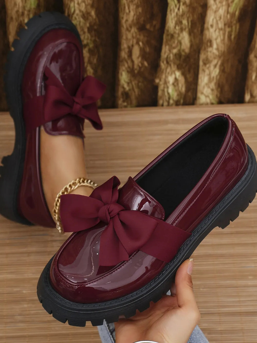 Mocassins à bout rond en similicuir avec nœud