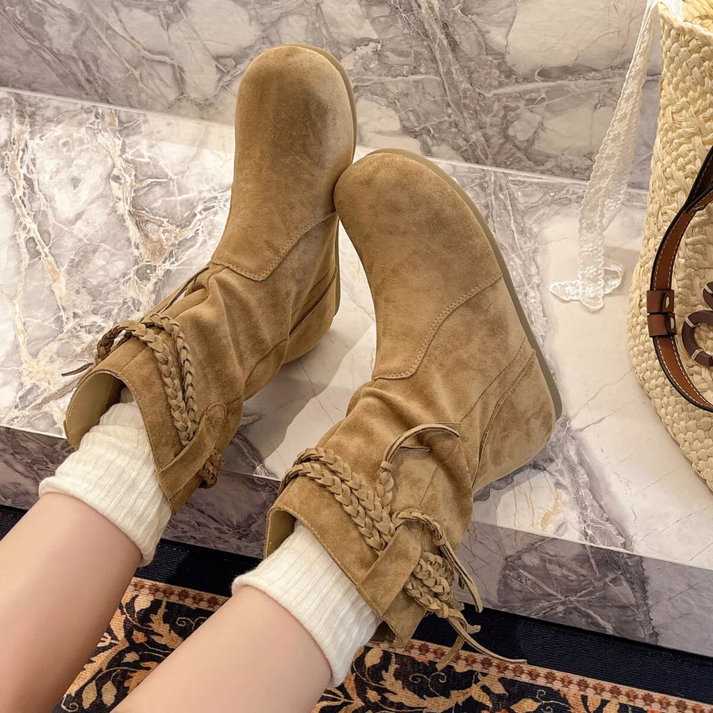 Bottes à bout rond en suède à franges