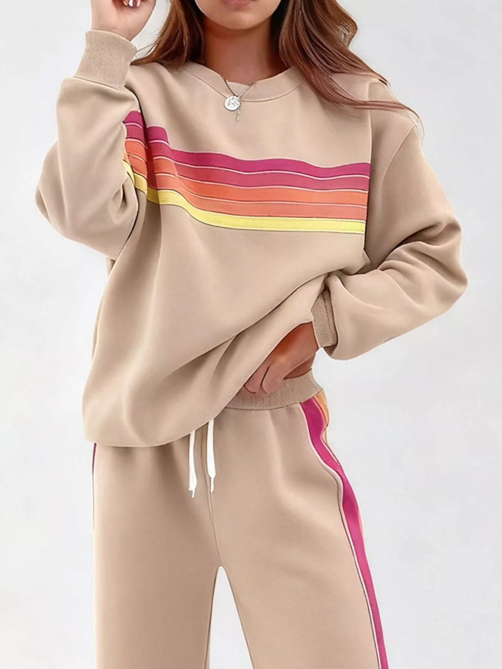 Gestreiftes Rundhals-Sweatshirt und Hose Set
