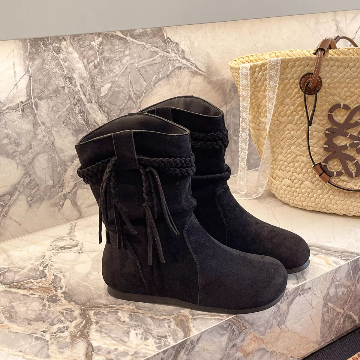 Bottes à bout rond en suède à franges