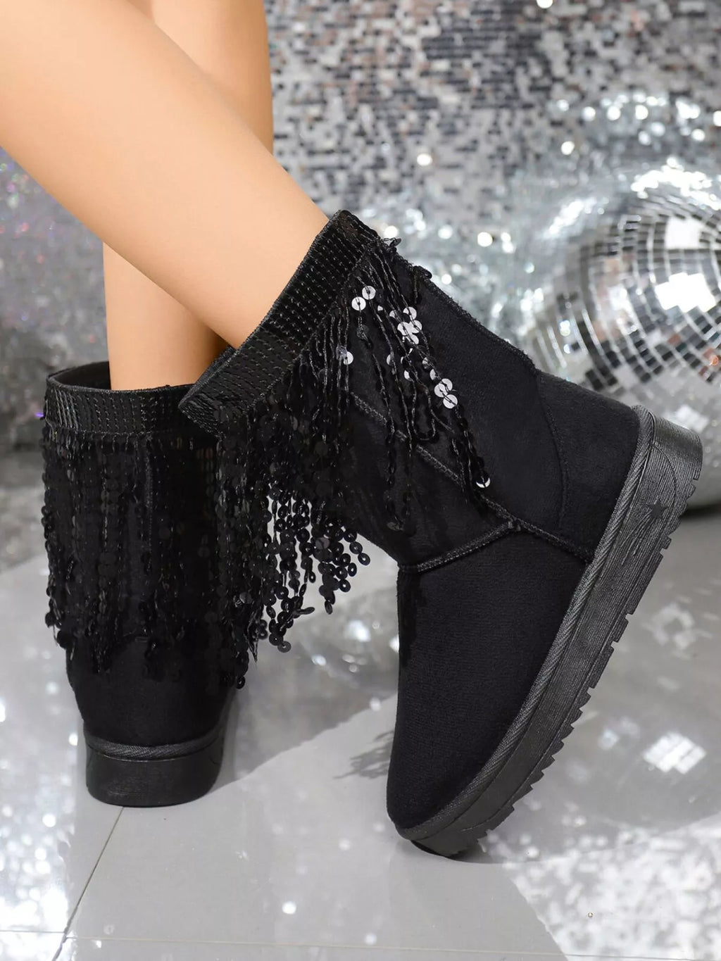 Bottes d'hiver en suède à franges et sequins